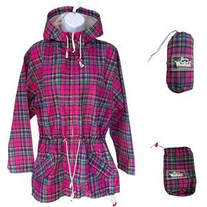 Woolrich Womens Med Pink Check Plaid Hooded Rain Jacket Lightweight Packable EUC